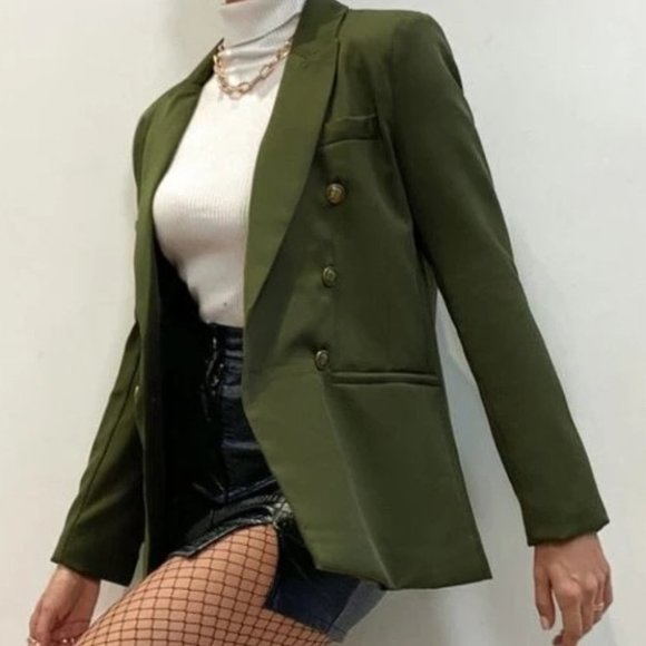 Lapel Collar Double Breasted Blazer Army Green - Picture 6 of 8